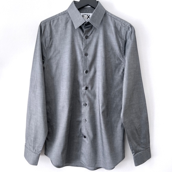 Express Men 1MX Medium Grey Button-Down Dress Shirt - Picture 1 of 5